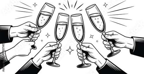 Vintage hand drawn engraving style illustration of four hands holding champagne flutes making a celebratory toast for a special occasion.