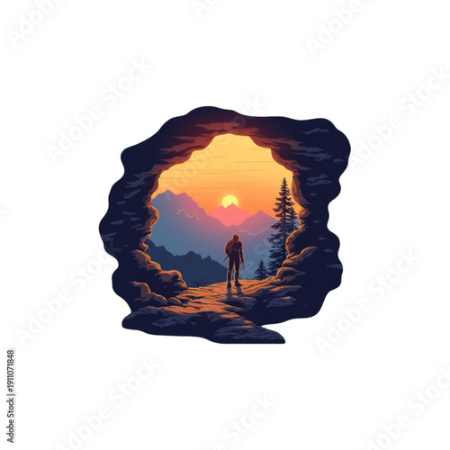 Hiker at Cave Entrance with Mountain Sunset Vector Illustration