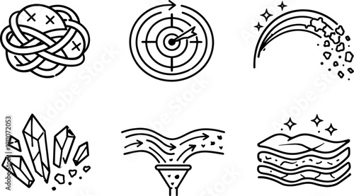 Cell Rejuvenation Icons. Line style icons of cellular rejuvenation pathways: aged-cell knot, targeting loop, destabilization arc,
