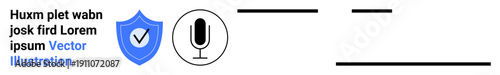 Cybersecurity, voice recognition, online protection, authentication, digital security, data privacy. Blue shield with checkmark, microphone icon. Cybersecurity and voice recognition concept