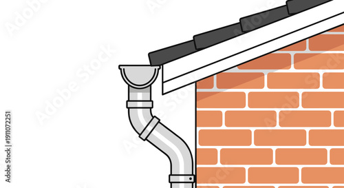 A close-up illustration of a gray gutter and downspout system installed on the corner of a brick house roof.