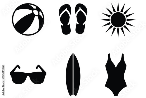 Six black summer icons including a beach ball, flip flops, sun, sunglasses, surfboard and swimsuit Keywords: beach ball, flip