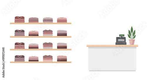 An empty retail store interior featuring shelves filled with folded clothes and a front checkout counter.