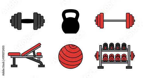 A collection of fitness equipment including kettlebells dumbbells exercise bench and medicine ball displayed neatly on a rack from a straightforward viewpoint