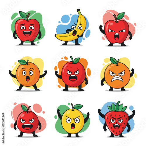 Cartoon fruits with emotions and colorful backgrounds