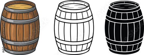 Wooden barrel silhouette & Outline and illustration set isolated on transparent background