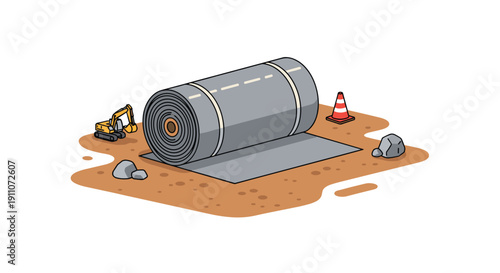 A large rolled section of asphalt road being unrolled on dirt ground with construction equipment nearby.