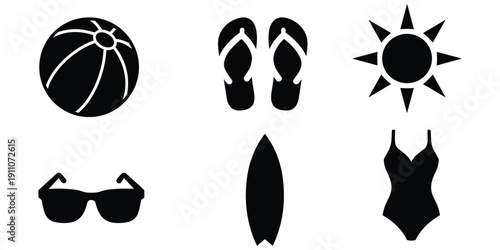 Six black summer icons including a beach ball, flip flops, sun, sunglasses, surfboard and swimsuit Keywords: beach ball, flip