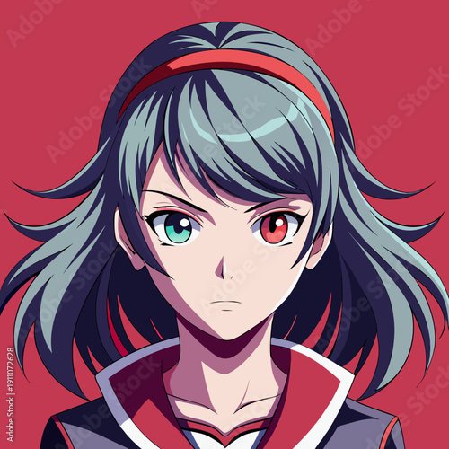 Anime girl portrait with striking heterochromia and layered blue grey hair
