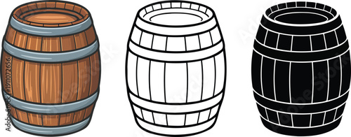 Wooden barrel silhouette & Outline and illustration set isolated on transparent background