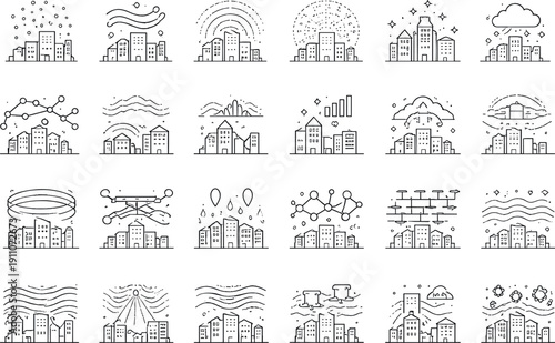 Line vector icons of tiny airborne sensors in city environments: dust-sensor dots, airflow stems, pollution arcs, ambient pads,