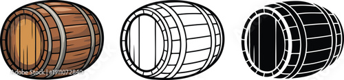 Wooden barrel silhouette & Outline and illustration set isolated on transparent background