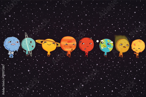 Cute solar system planets vector illustration with funny cartoon characters in space. Educational astronomy poster featuring personified Earth, Mars, Saturn, and Jupiter on starry background.