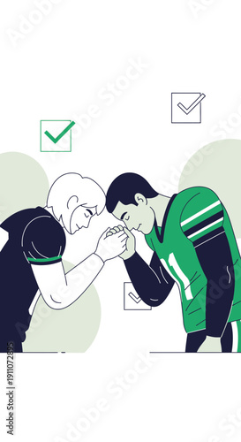 Two Athletes Engage In A Test Of Strength Arm Wrestling With Checkmarks Symbolizing Success