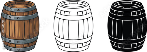 Wooden barrel silhouette & Outline and illustration set isolated on transparent background