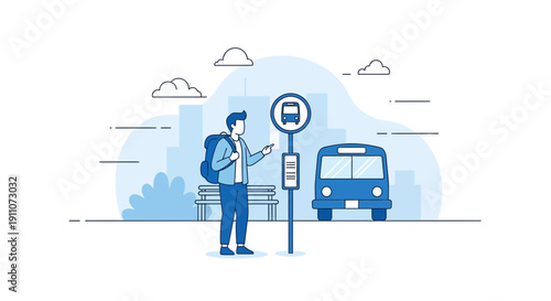 Urban Commute Waiting For Bus In City Transportation Scene