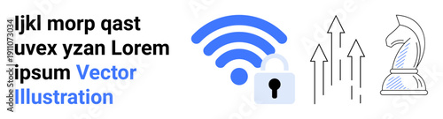 Internet security, data encryption, strategic planning, wireless networks, business growth, connectivity. wireless symbol, lock and chess knight with arrows. Internet security and data encryption
