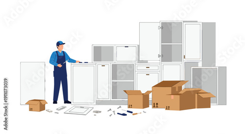 A man in blue overalls stands, assembling white kitchen cabinets with open doors, surrounded by cardboard boxes and tools.