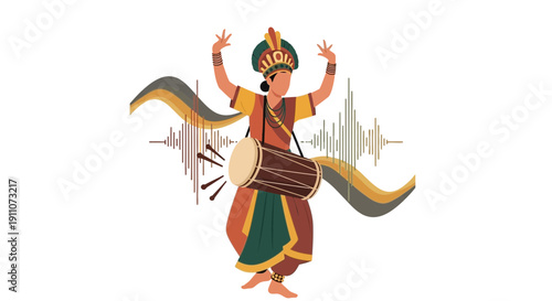 Vibrant Dancer Drumming Energetic Rhythms With Abstract Soundwaves Art