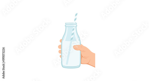 A hand holds a clear glass milk bottle with a blue and white striped straw.