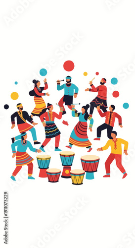 Vibrant Depiction of a Festive Cultural Celebration with Dynamic Figures and Percussion Instruments