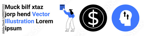 Financial literacy, personal development, wealth growth, business strategy, economic education, and upward progress. A person holding a book, dollar symbol and upward head icon. Financial literacy