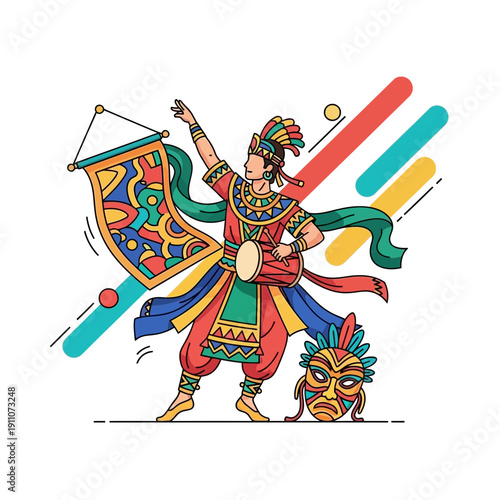 Vibrant Dancer With Traditional Attire And Mask Celebrating Cultural Heritage