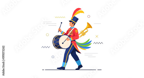 Vibrant Drummer In Festive Parade Uniform With Trumpet And Percussion Instrument