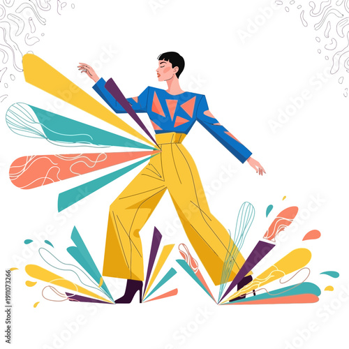 Vibrant Fashion Forward Figure Strides Through Abstract Colorful Design Elements