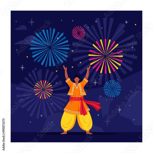 Vibrant Festival Celebration With Festive Fireworks Display Over A Night Sky