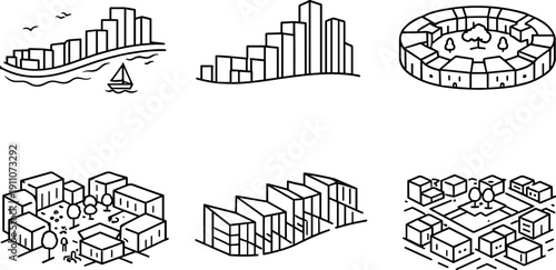 Line style icons of adaptive district morphologies: reshaped waterfront curve, gradient-height block, evolving courtyard ring,