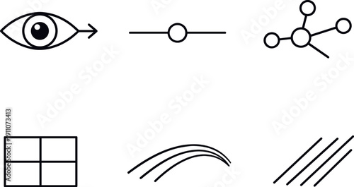 Line style icons of gaze-responsive poetry tools: eye-direction arrow, line-trigger bead, semantic-spark node, verse-panel tile,