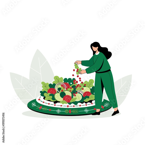 Vibrant Healthy Salad Preparation With Fresh Ingredients And A Chef Adding Berries