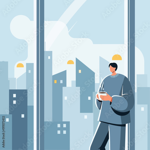 Urban Solitude Morning Coffee Contemplation Skyline View