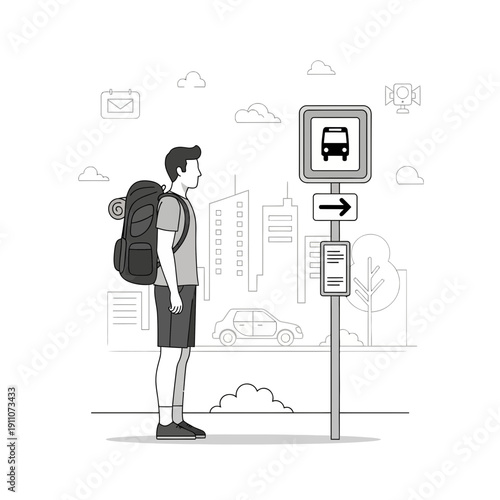 Urban Traveler Waiting For Bus In City On Sunny Day