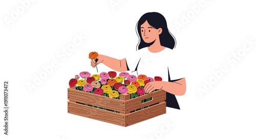 A woman with dark hair sorts colorful ranunculus flowers, placing them into a rustic wooden crate.