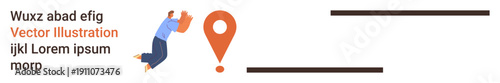 Navigation, map location, guidance, journey, destination, direction. A person reaching toward a map pin symbol on a minimalistic layout. Navigation and map location