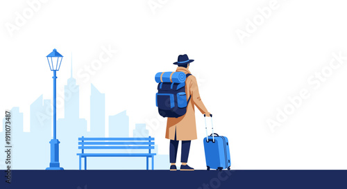Urban Traveler with Backpack and Rolling Suitcase on City Street