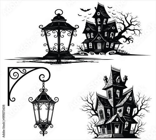 Halloween silhouette decorations featuring lanterns and haunted house