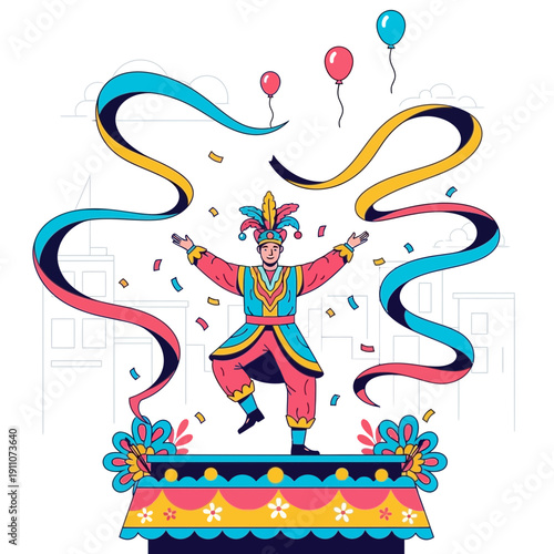 Vibrant Carnival Performer Entertains Crowd With Colorful Streamers And Balloons