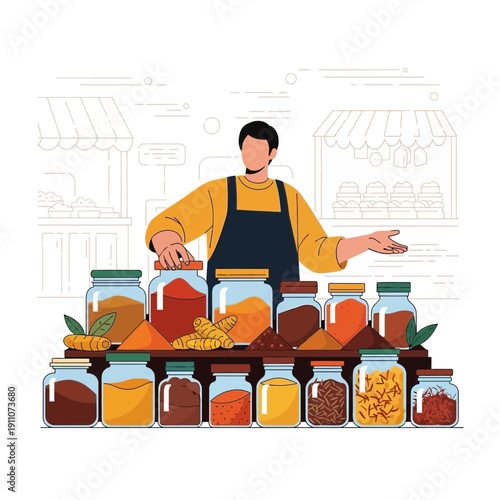 Vibrant Spices Displayed By Enthusiastic Vendor At Bustling Market