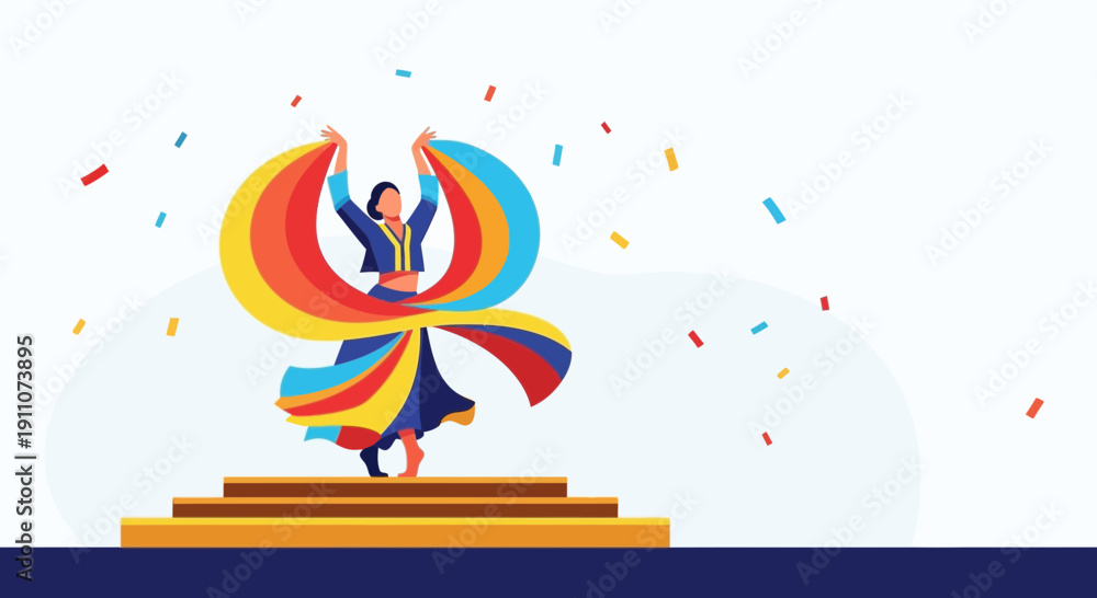 Obraz premium Vibrant Dancer Celebrates With Rainbow Scarf And Confetti