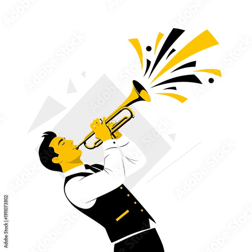 Vibrant Trumpet Player Expressing Musical Joy Through Sound Waves Illustration