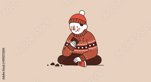 Whimsical Character Enjoying A Delicious Cookie In Cozy Winter Attire
