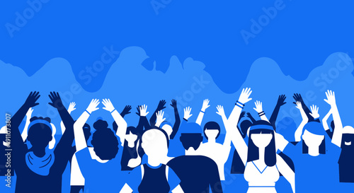 Vibrant Crowd With Raised Hands In Energetic Celebration