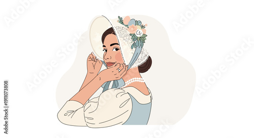 Victorian Lady In Bonnet With Floral Accents Elegant Fashion Portrait