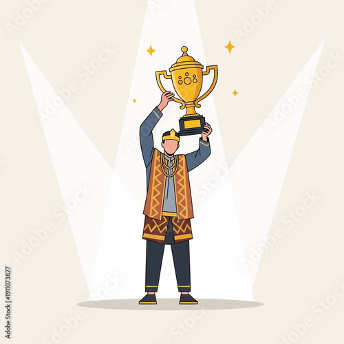 Victorious Champion Holding Golden Trophy Celebrating Achievement Under Spotlight