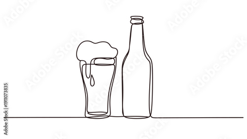 Minimalist line drawing of a beer bottle and a frothy glass of beer