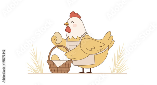 Whimsical Chicken Gathering Eggs in a Basket with Grass Background