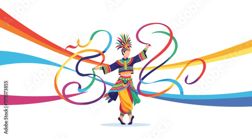 Vibrant Dancer Celebrates Festival With Colorful Ribbon Swirls